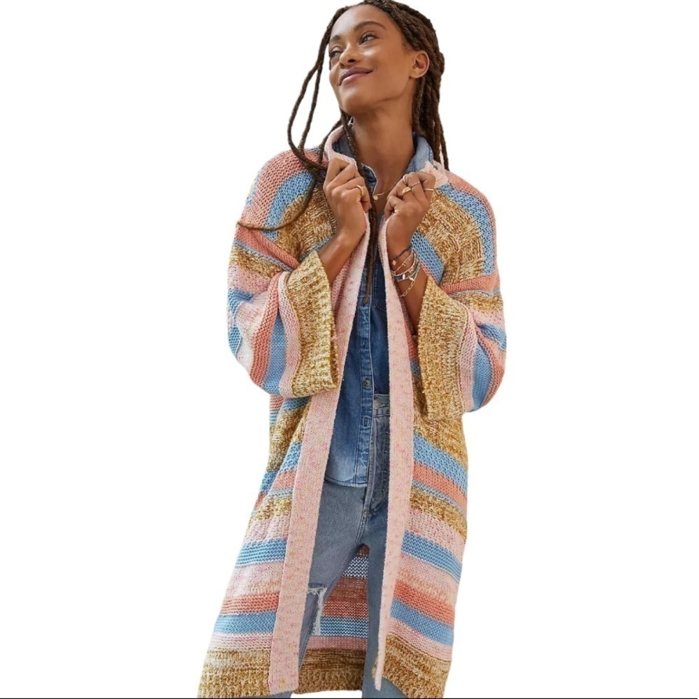 Anthropologie NWT Pink/ Rose/Tan 100% Cotton Striped Sweater/Cardigan One Size